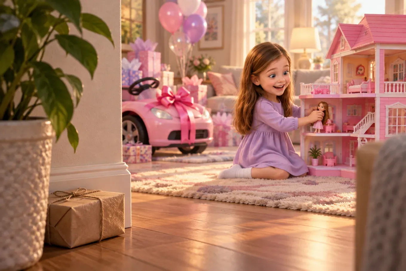 Olivia plays with a huge pink dollhouse, a ride-on car with a bow behind her, while a small brown parcel sits unopened in the corner