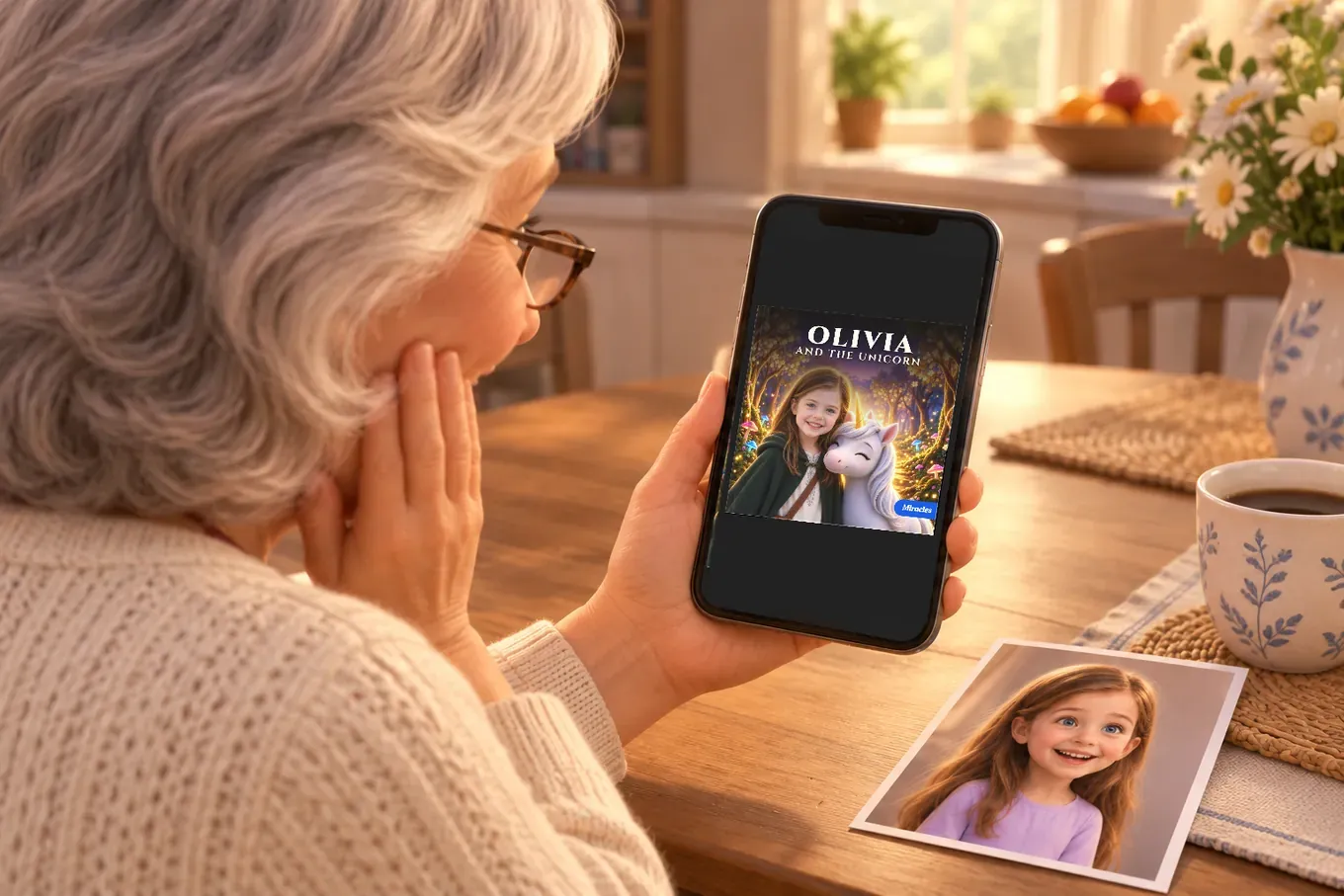 Over Carol’s shoulder: on her phone she sees the free preview of “Olivia and the Unicorn”, a photo of Olivia lies on the table