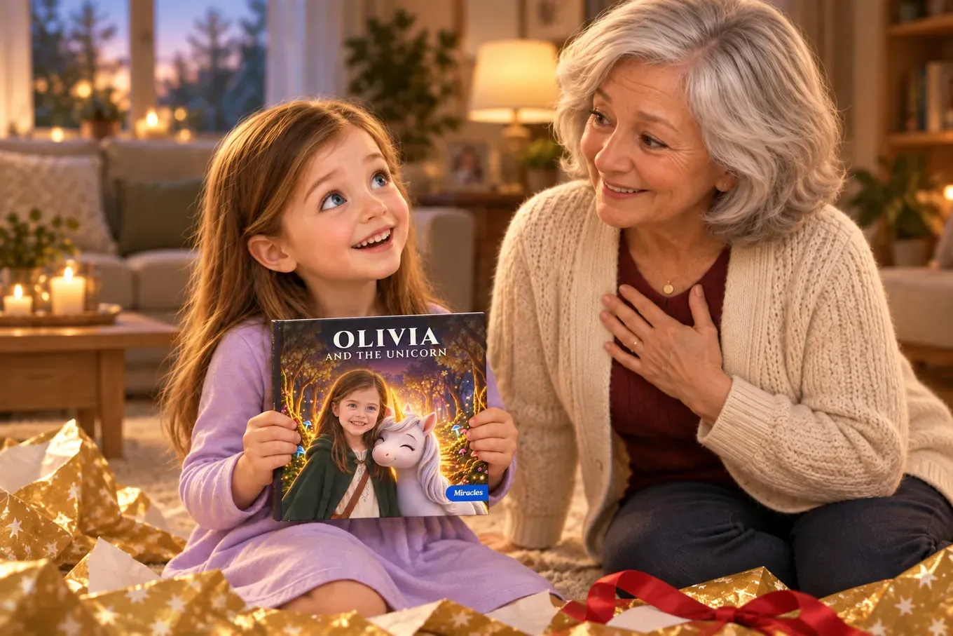 Olivia holds her book “Olivia and the Unicorn” and looks up in wonder at Grandma Carol, who has her hand on her heart