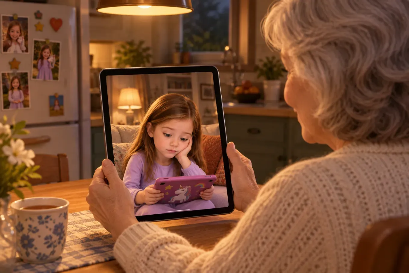 Over Grandma Carol’s shoulder: on her tablet, Olivia sits on the couch and plays a game instead of looking at the camera